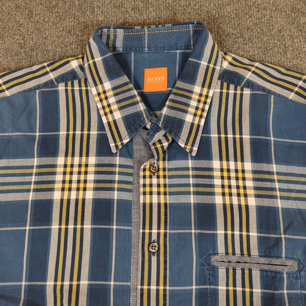 Hugo Boss Orange Mens Blue Yellow Plaid Long Sleeve Button Down Shirt Large 2728